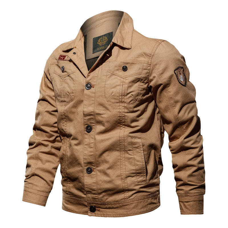 Men's Lightweight Canvas Field Jacket in Military Cut with Contrasting Quilted Seams and Chest Flap Pockets Chichicherry