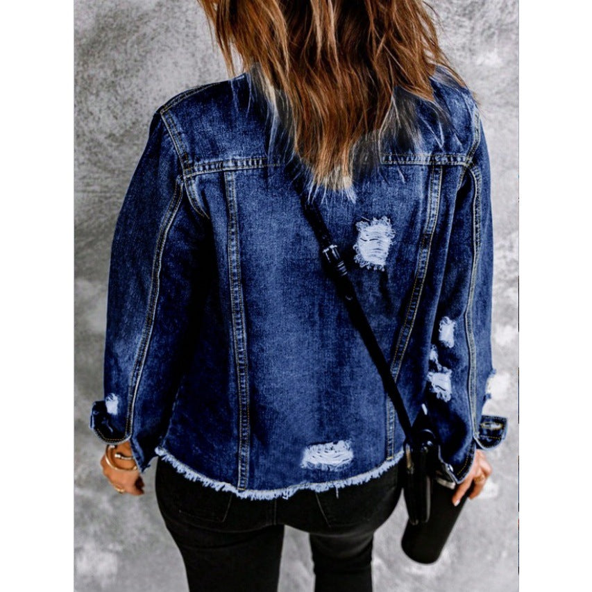 Women Tailored Denim Jacket with Destroyed Accents, Patch Pockets, and Visible Quilted Stitching Chichicherry