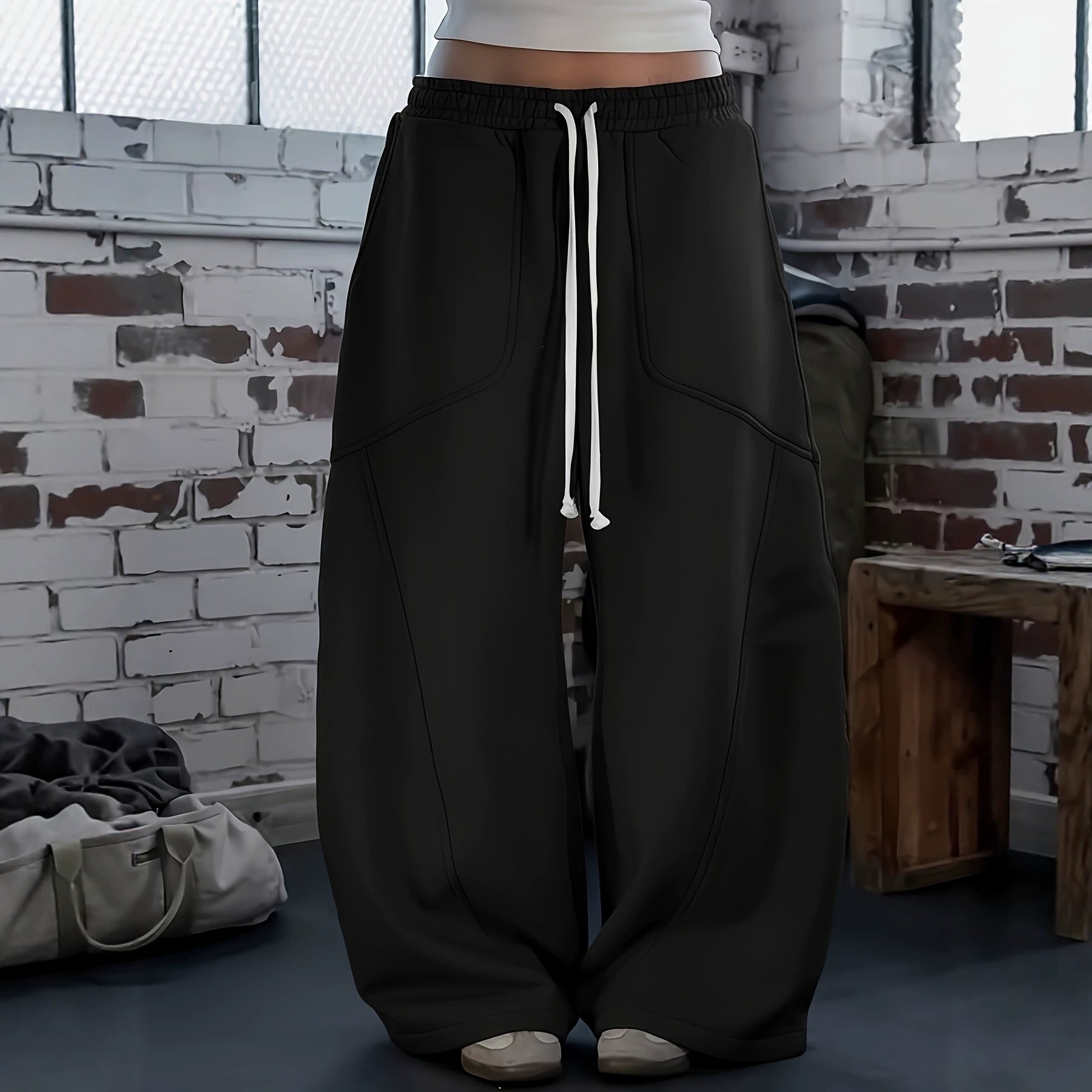Women Wide Baggy Sweatpants with High Elastic Waistband, Drawstring and Seam Details Chichicherry
