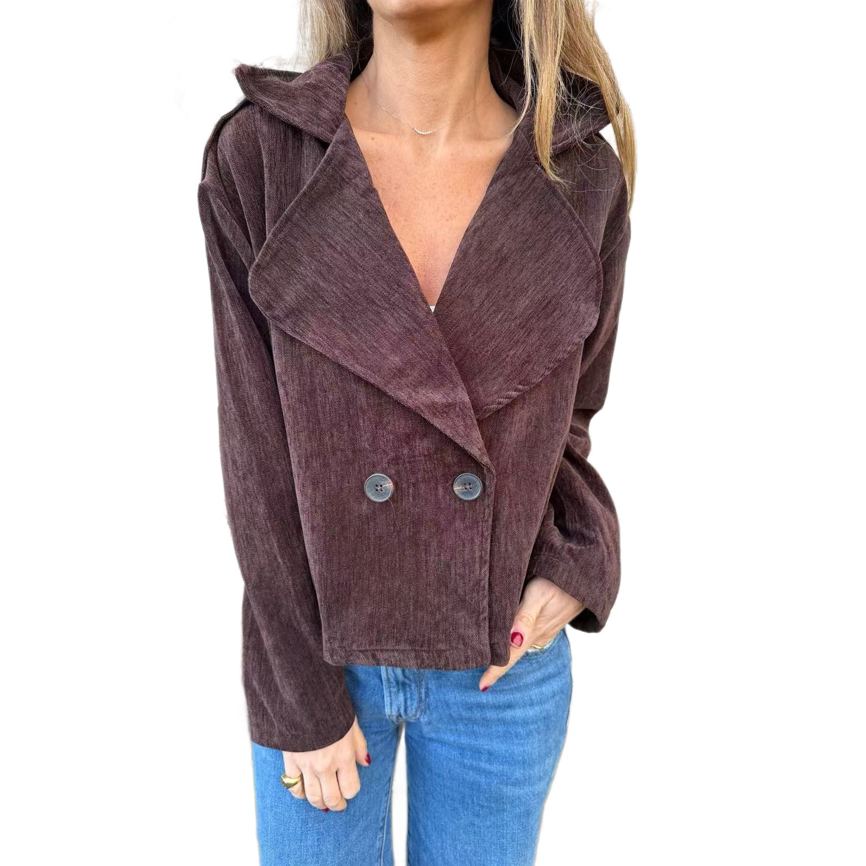 Women's corduroy short blazer with wide shawl collar and double button closure Chichicherry