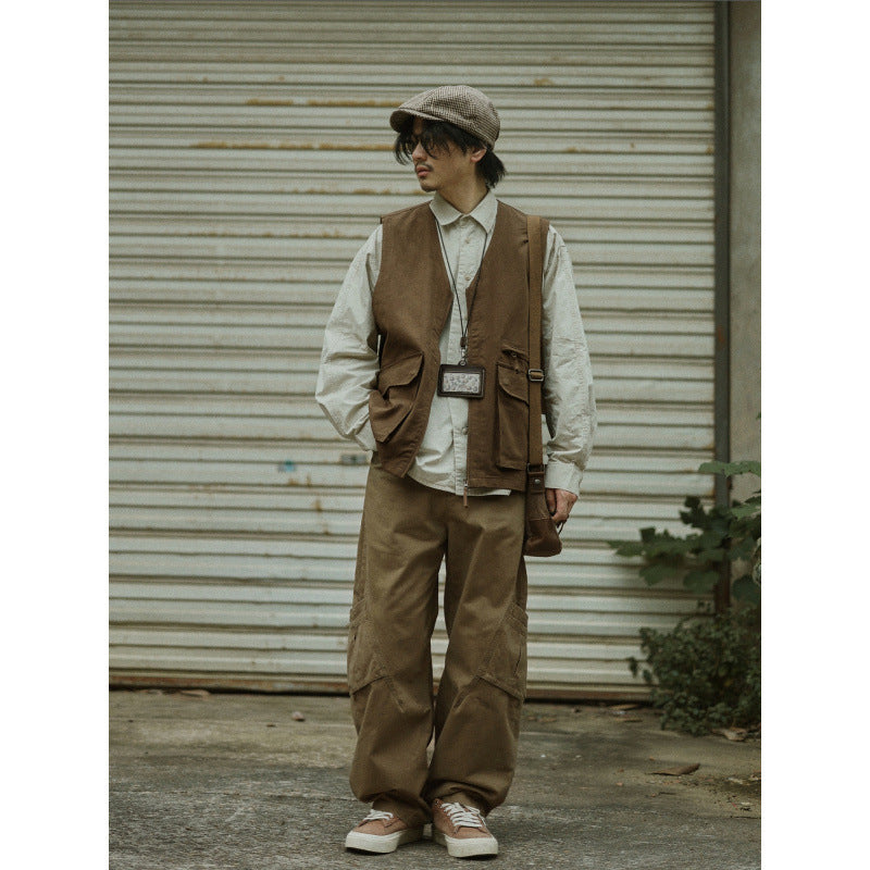 Herren Multifunktionale Canvas-Utility-Weste mit Fronttaschen und Reißverschluss Chichicherry