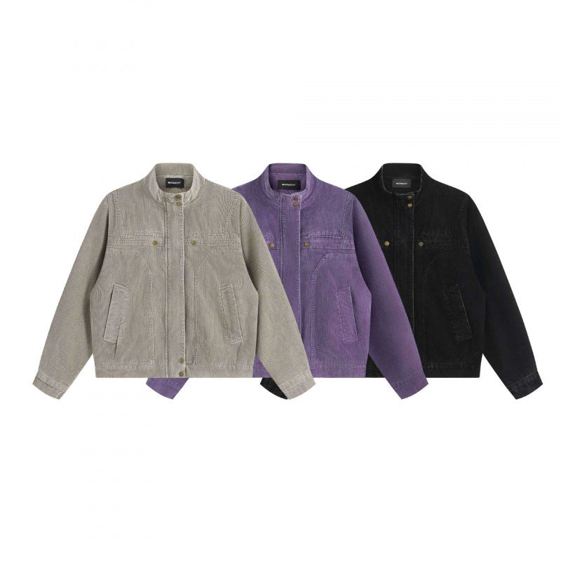Unisex Cord-Boxy-Jacket with stand-up collar, hidden snap button placket and patch pockets Chichicherry
