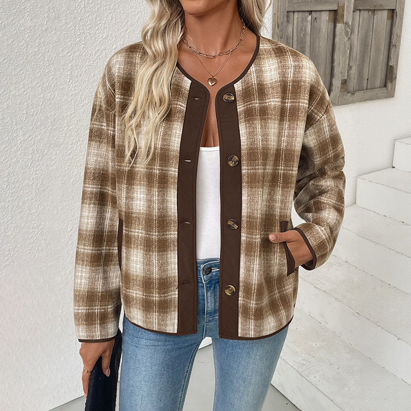 Ladies Checked Transitional Jacket with Round Neck, Contrast Trim and Button Placket Chichicherry
