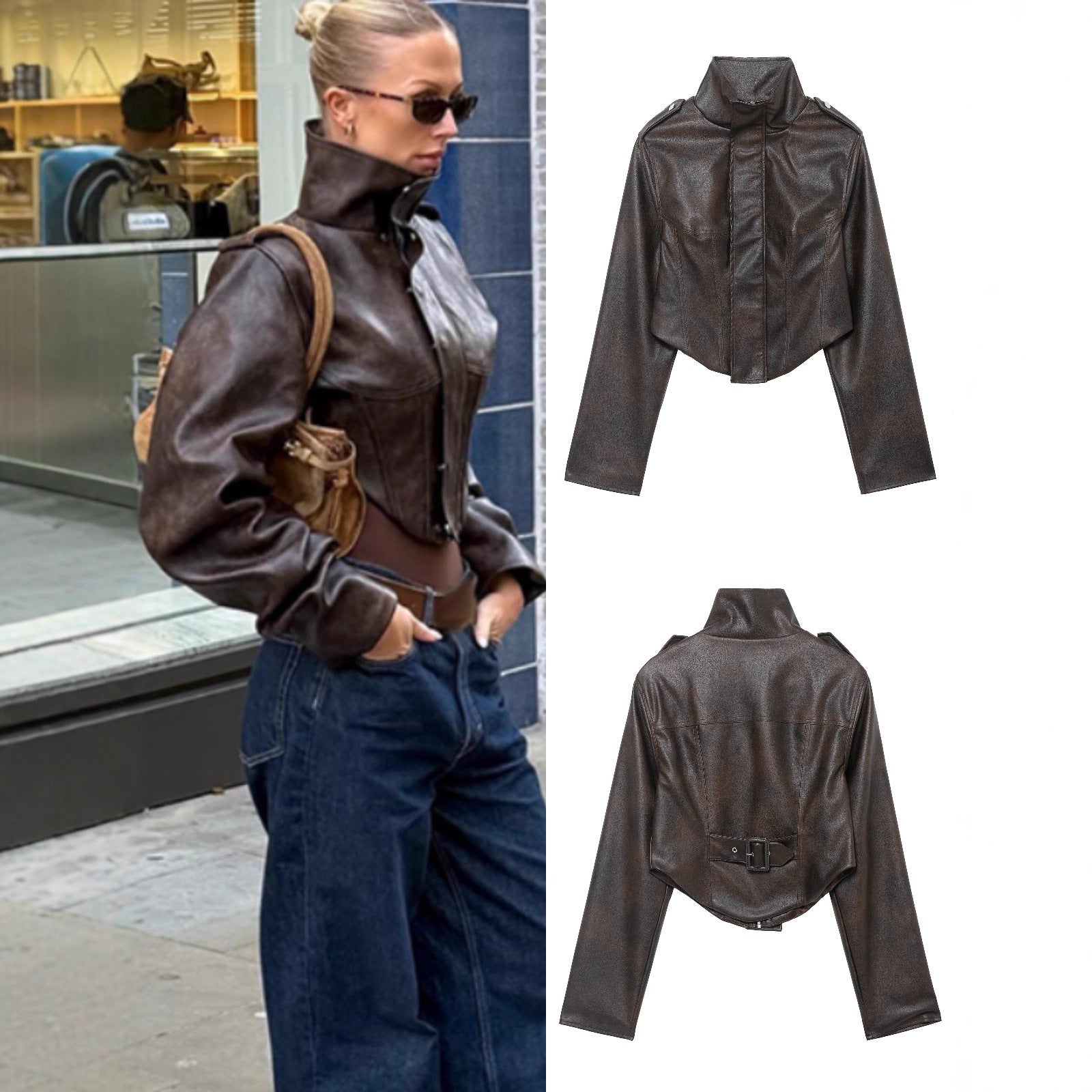Women's short jacket made of faux leather with a high stand-up collar, shoulder flaps, and tailored silhouette Chichicherry