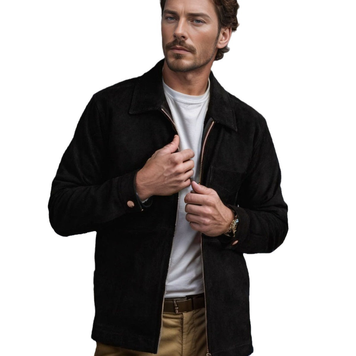 Herren Velourslederjacke mit Reißverschluss und Hemdkragen Chichicherry