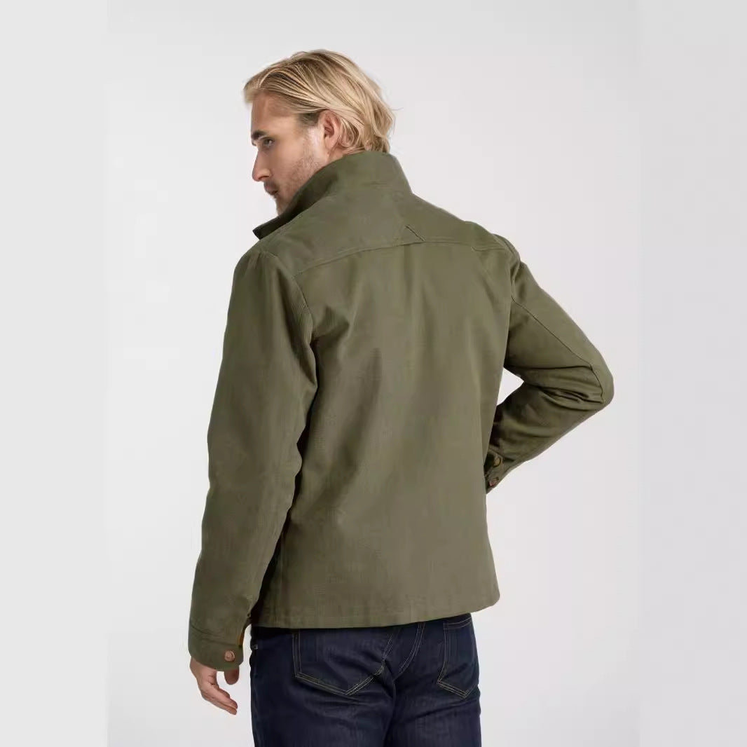 Men's Short Denim Field Jacket with Stand-Up Collar, Zipper, and Applied Chest Pockets Chichicherry