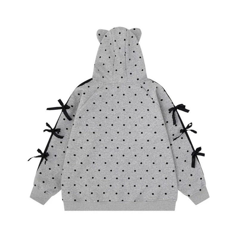 Women's hooded sweatshirt jacket with polka dot all-over, cat patch, bow sleeves and ear hood Chichicherry