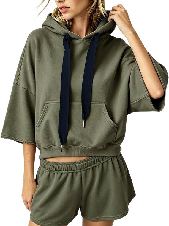 Women's Cropped Hoodie with 3/4 Sleeves and Kangaroo Pocket Chichicherry