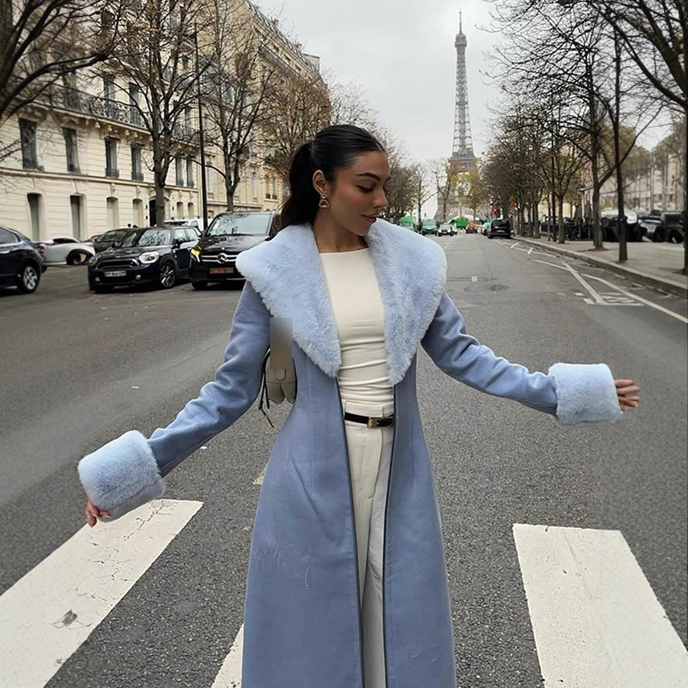 Women Elegant long-cut coat made of velour look with voluminous faux fur shawl collar Chichicherry