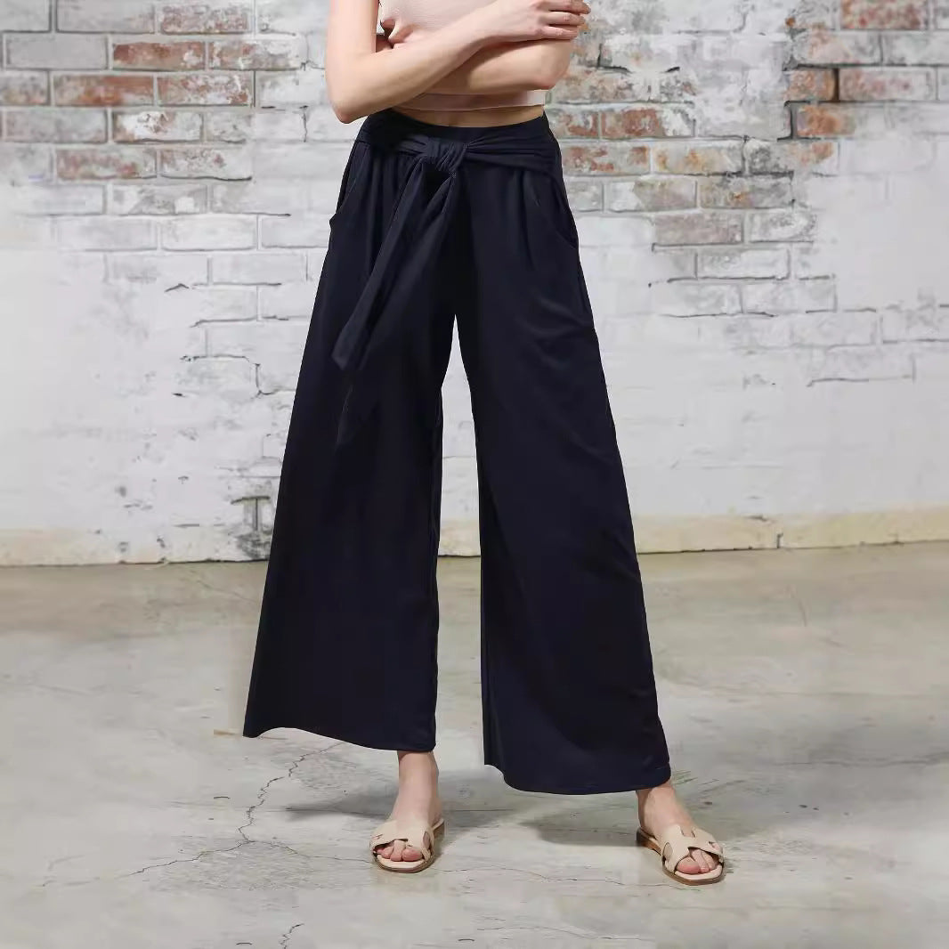 Women Wide Jersey Pants with High Waist and Tie Belt Chichicherry