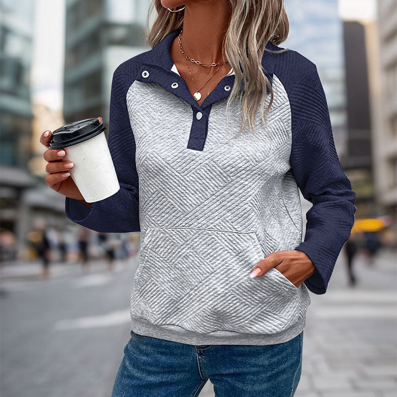 Women's quilted sweatshirt with Henley button placket, kangaroo pocket, and contrasting raglan sleeves Chichicherry