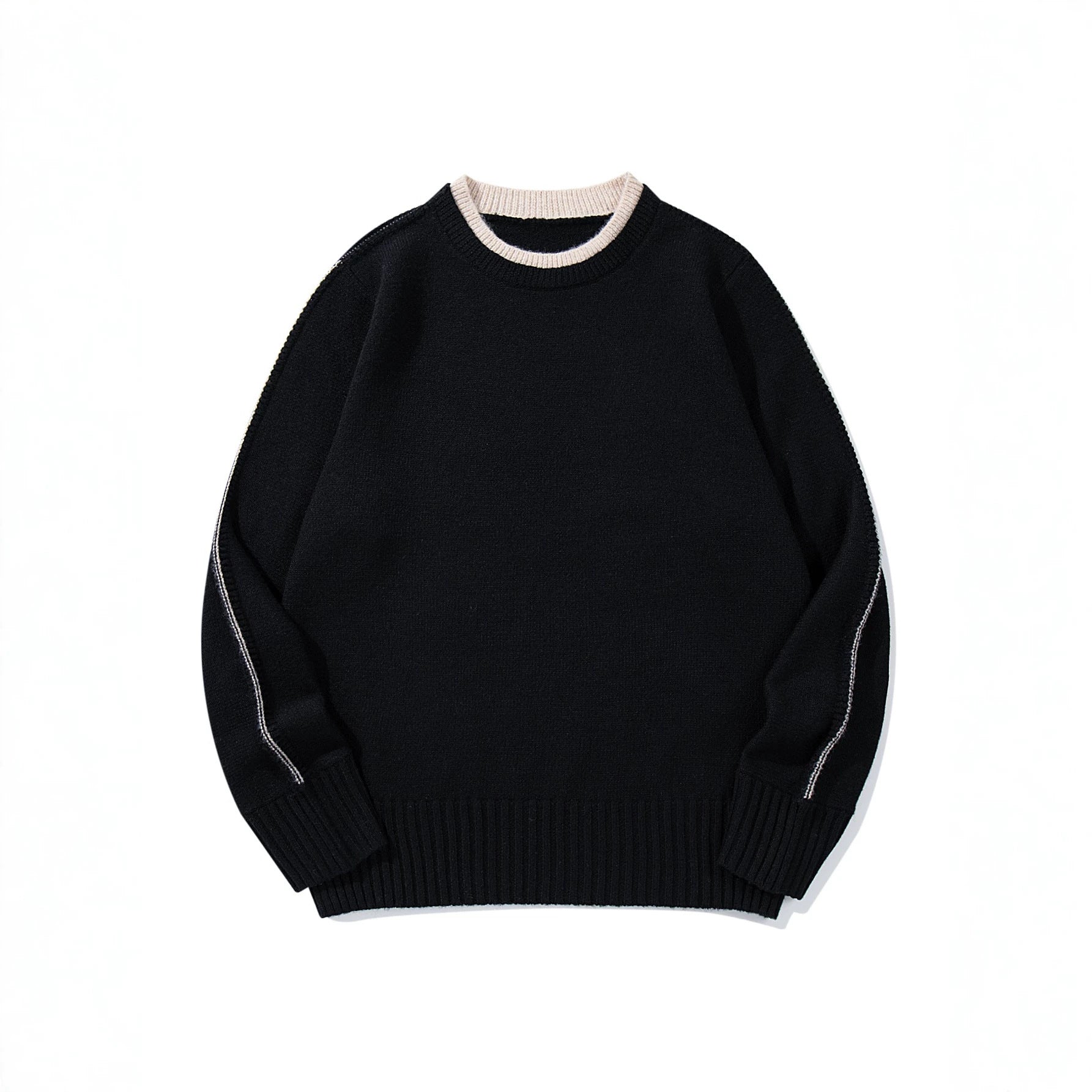 Unisex Fine Knit Round Neck Sweater with Wide Ribbed Cuff and Dropped Shoulder Chichicherry