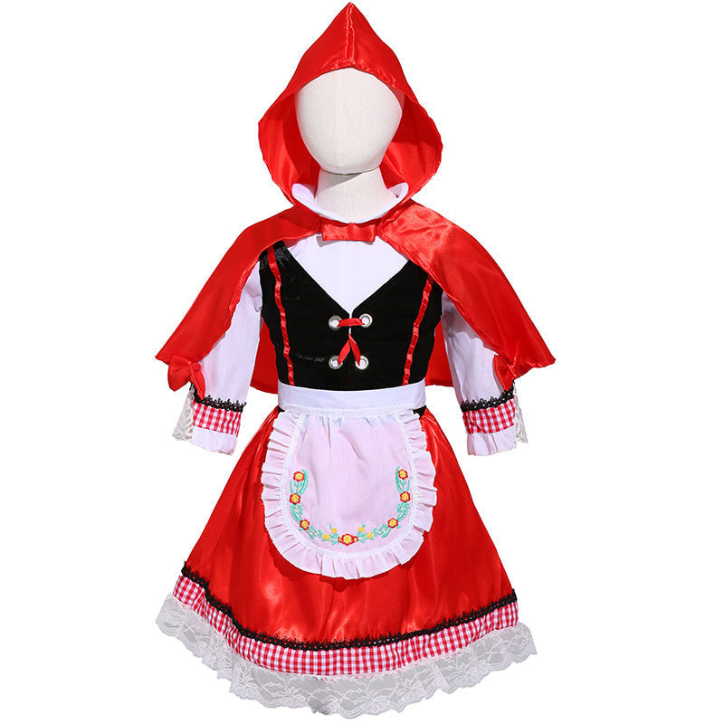 Girls Fairytale Little Red Riding Hood Costume with Cape and Embroidered Apron Chichicherry
