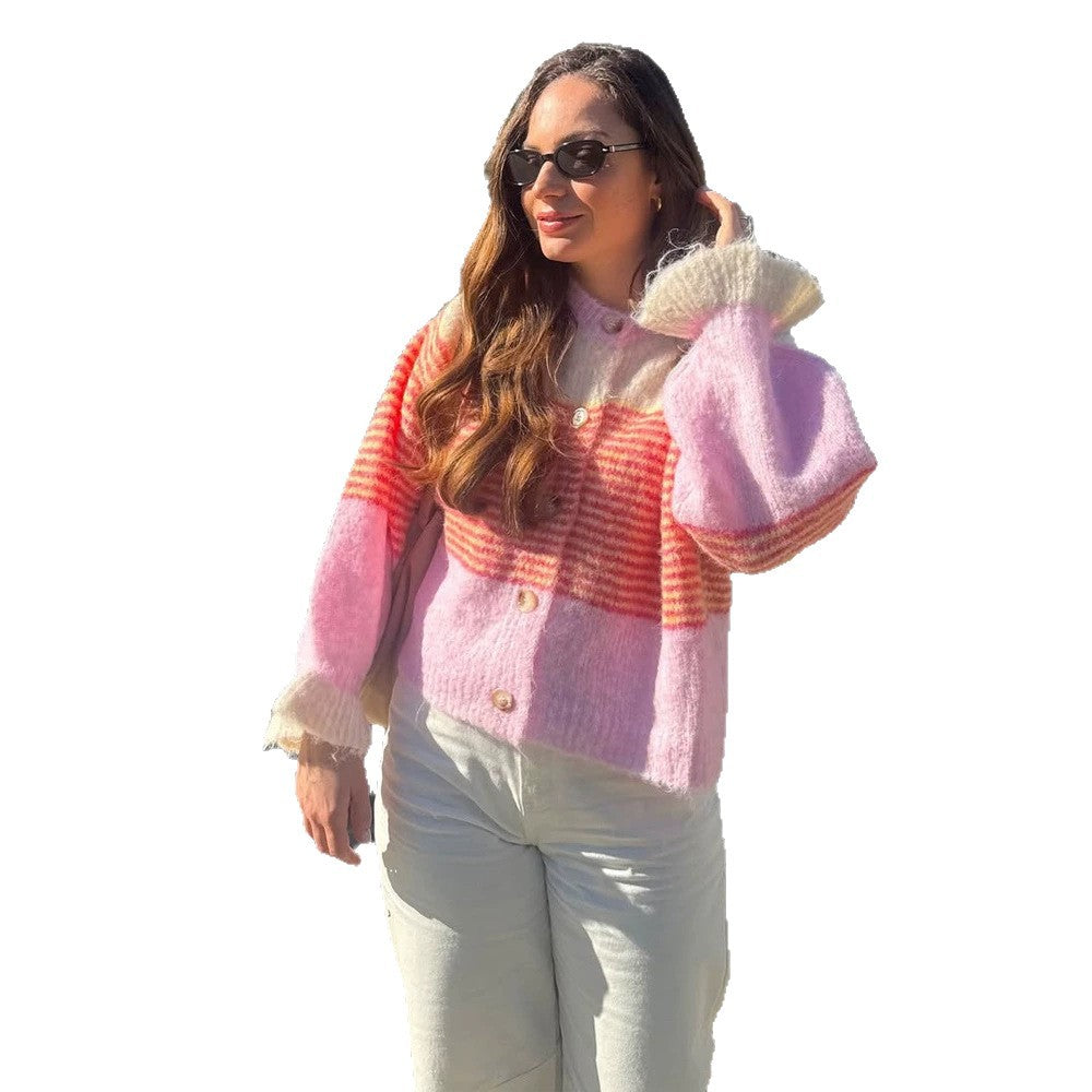 Women's Short Knit Cardigan made of Mohair Blend with Stripes, Button Placket and Balloon Sleeves Chichicherry