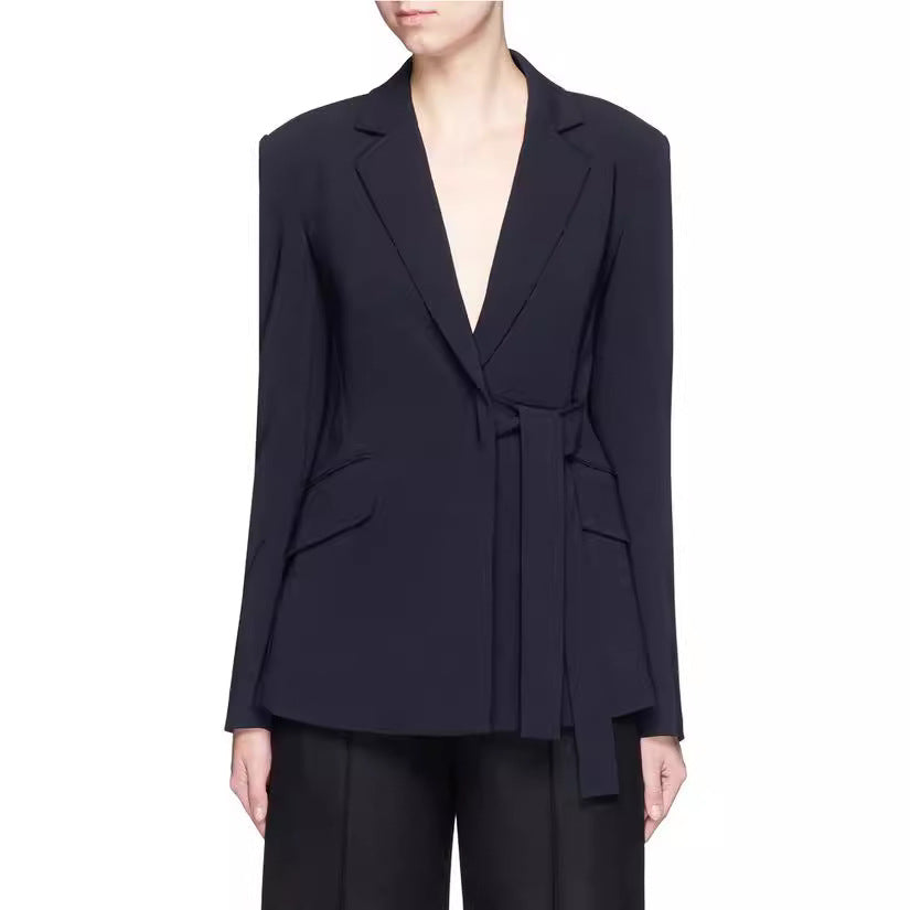 Ladies' shawl collar wrap blazer with side knot tie and patch pockets Chichicherry