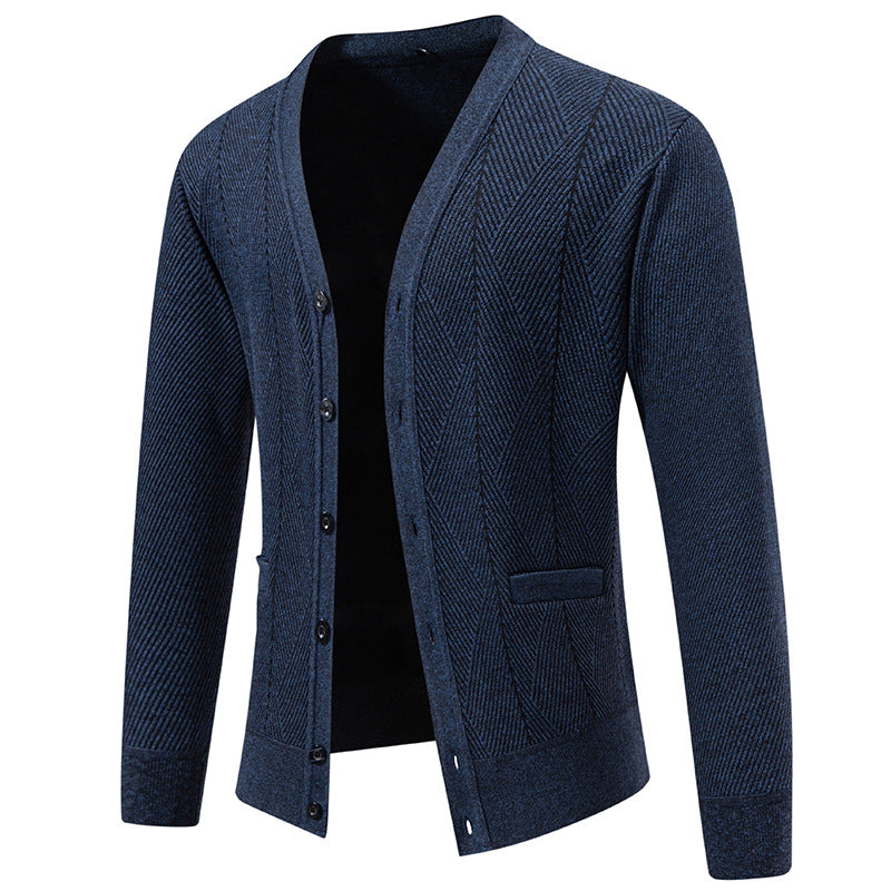 Men's Structured Fine Knit Cardigan with Chevron Pattern, V-Neck and Insert Pockets Chichicherry