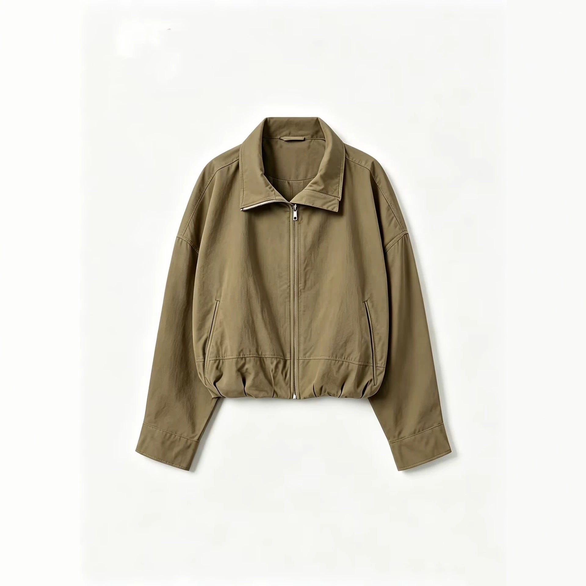 Women's Lightweight Short Bomber Jacket with Stand-up Collar, Drawstring Waist and Concealed Zipper Chichicherry