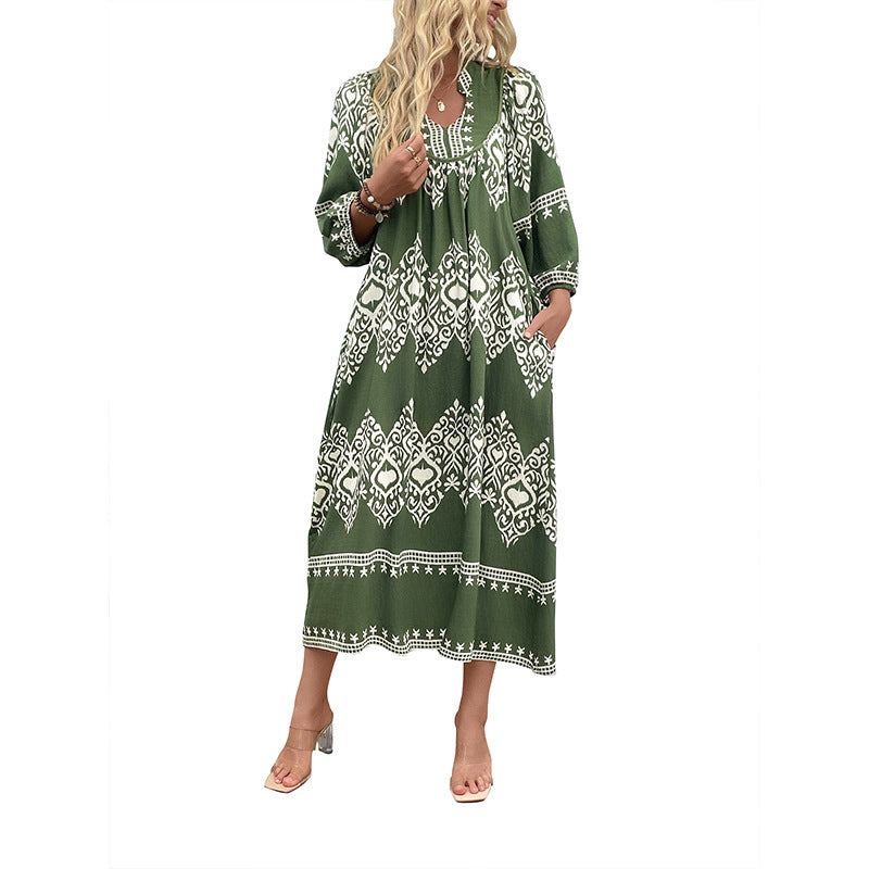 Women's Long Boho Maxi Dress with Loose A-Line, U-Neck and Patch Pockets Chichicherry