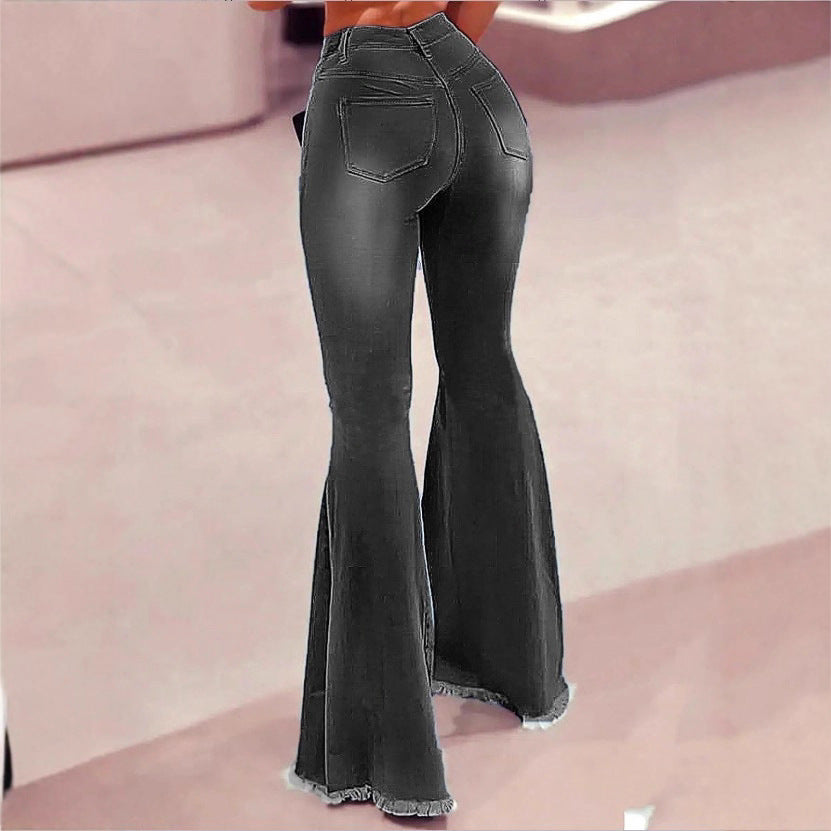 Women's High-Waisted Flared Jeans with Knee Rips, Frayed Hem and Flared Leg Chichicherry