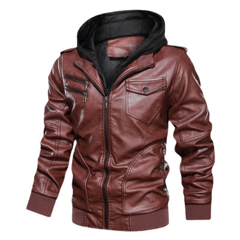 Men's Hooded Faux Leather Biker Jacket with Zipper, Chest Pockets and Ribbed Cuffs Chichicherry