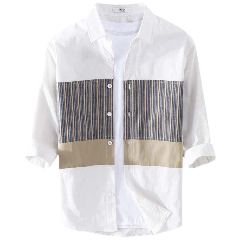 Men's Lightweight Cotton Long Sleeve Shirt with Striped Contrast Panels Chichicherry