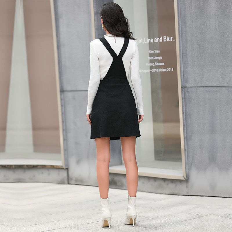 Women's overall dress with continuous button placket, adjustable straps, and A-line silhouette Chichicherry