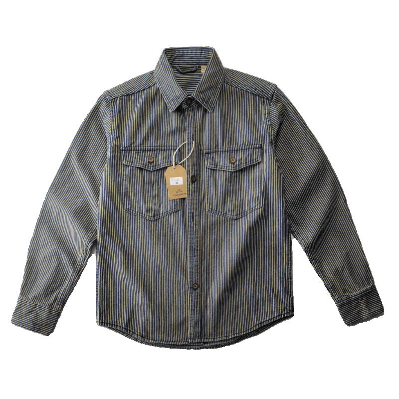 Herren Leichte gestreifte Denim-Worker-Hemdjacke mit aufgesetzten Pattentaschen Chichicherry