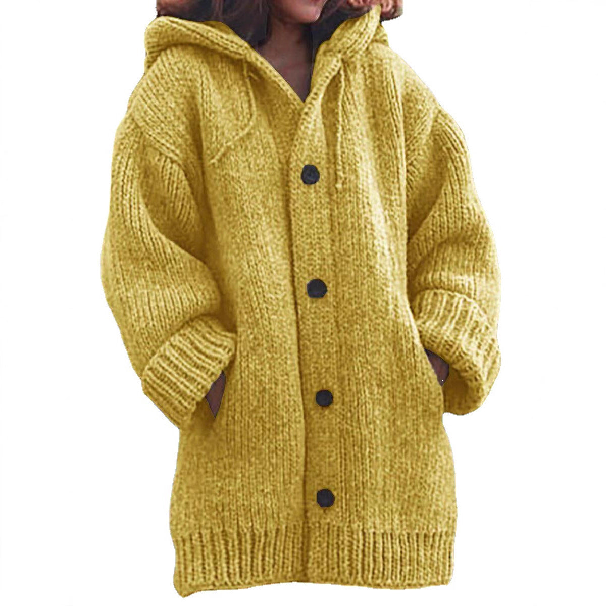 Women Long Slouchy Chunky Knit Coat Cardigan with Hood, Dropped Shoulder and Large Buttons Chichicherry