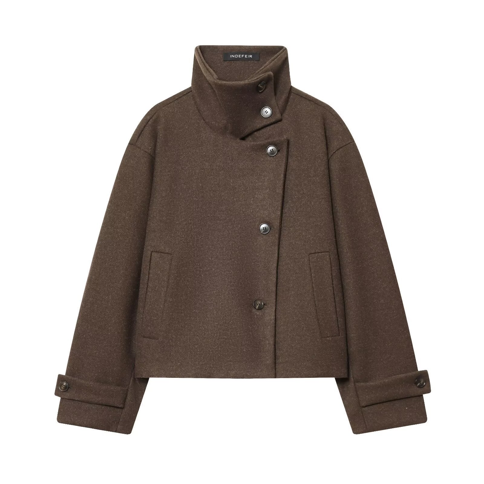Women's Short Boxy Wool Coat with Asymmetrical Button Placket and Stand-up Collar Chichicherry