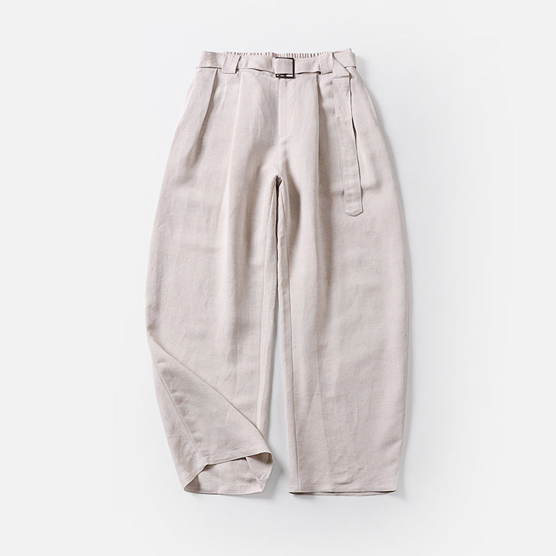 Women's High-Waisted Linen-Cotton Pleated Trousers with Tied Belt and Tapered Leg Chichicherry