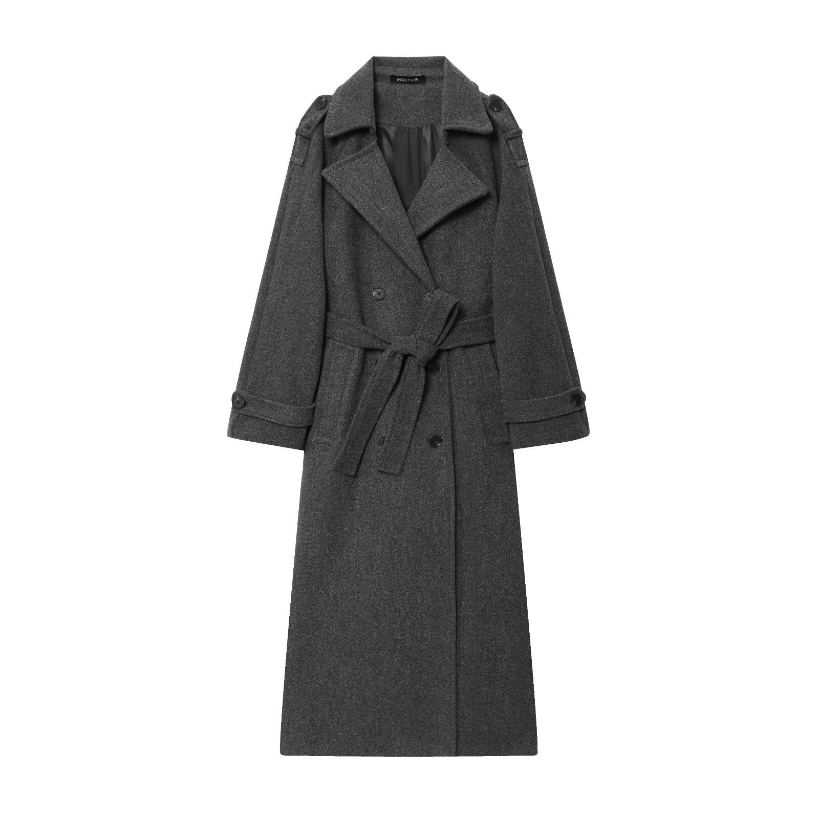 Women Long Double-breasted Trench Coat with Belt and Shoulder Straps Chichicherry