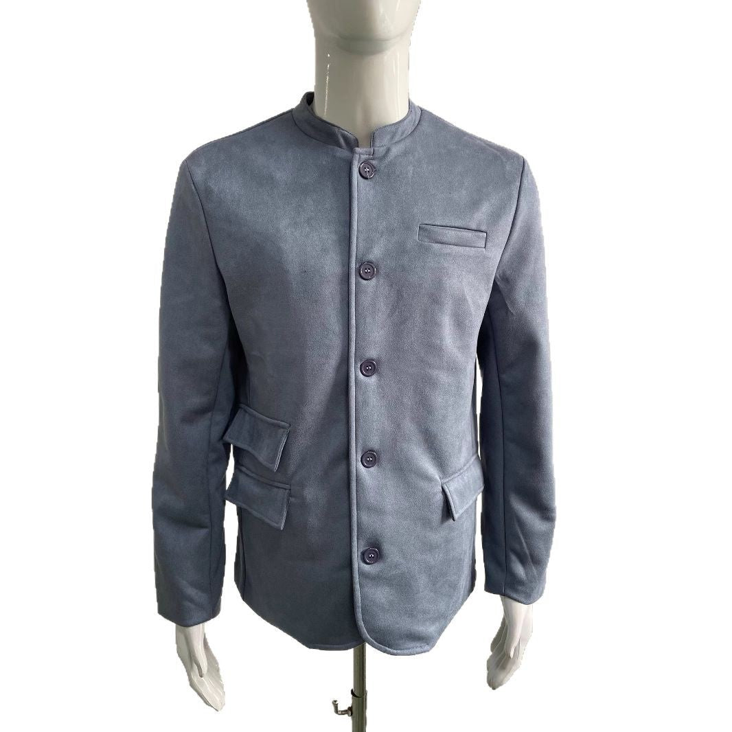 Men's Suede Blazer with Stand-up Collar and Flap Pockets Chichicherry