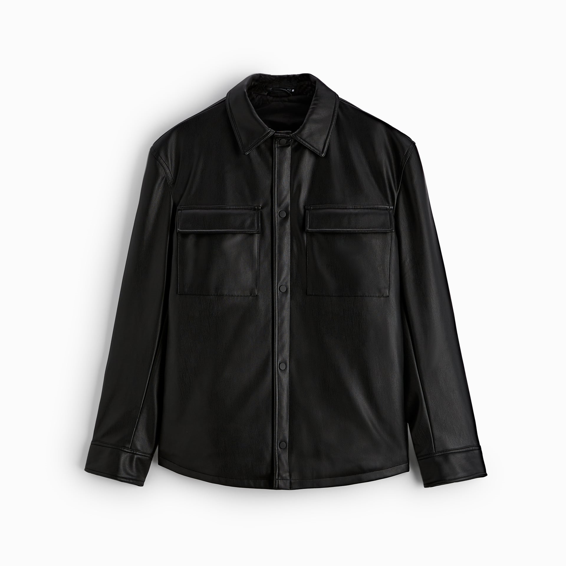 Men's Vegan Smooth Leather Overshirt in Shirt Jacket Style with Concealed Snap Button Placket Chichicherry