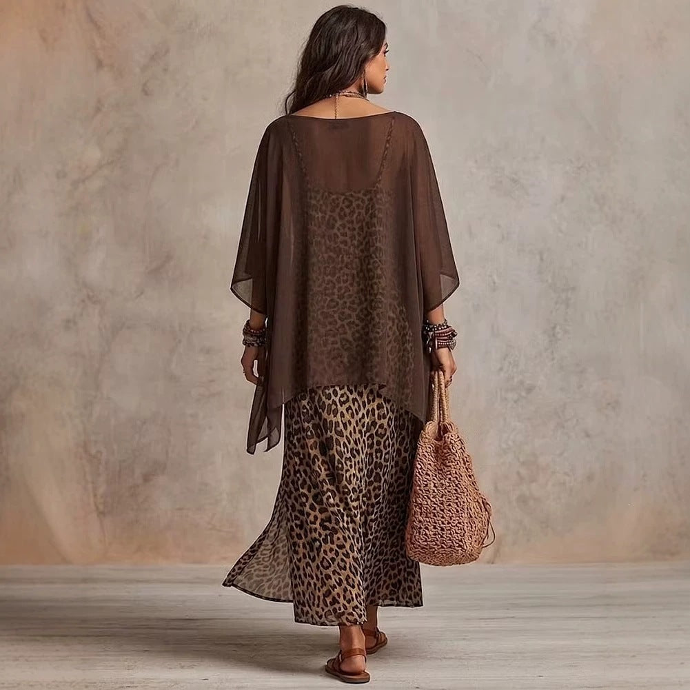 Ladies Boho maxi dress with transparent poncho overlay and leopard print