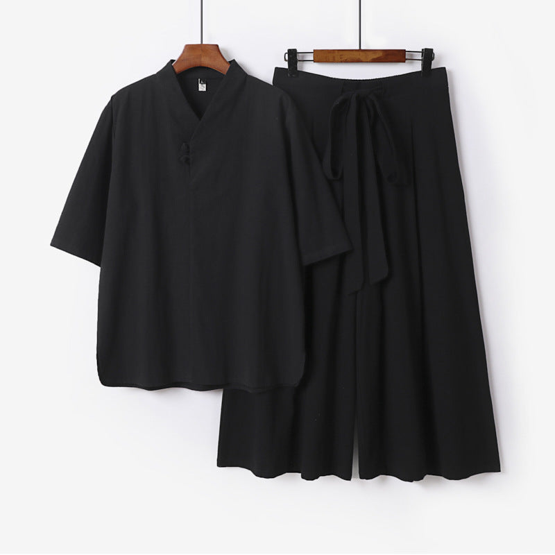 Unisex Two-Piece Kimono Lounge Set with Stand Collar Short Sleeve Top and Loose Tie Waist Pants Chichicherry