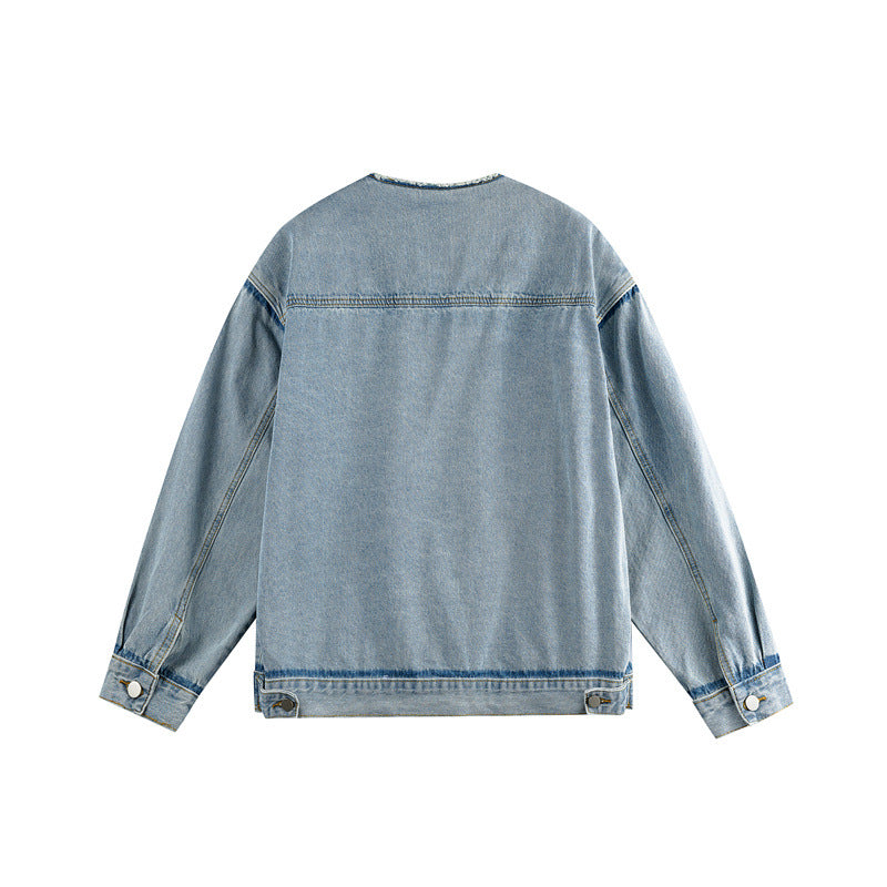 Men's Oversize Denim Jacket without Collar with Raw Neckline and Flap Pockets Chichicherry