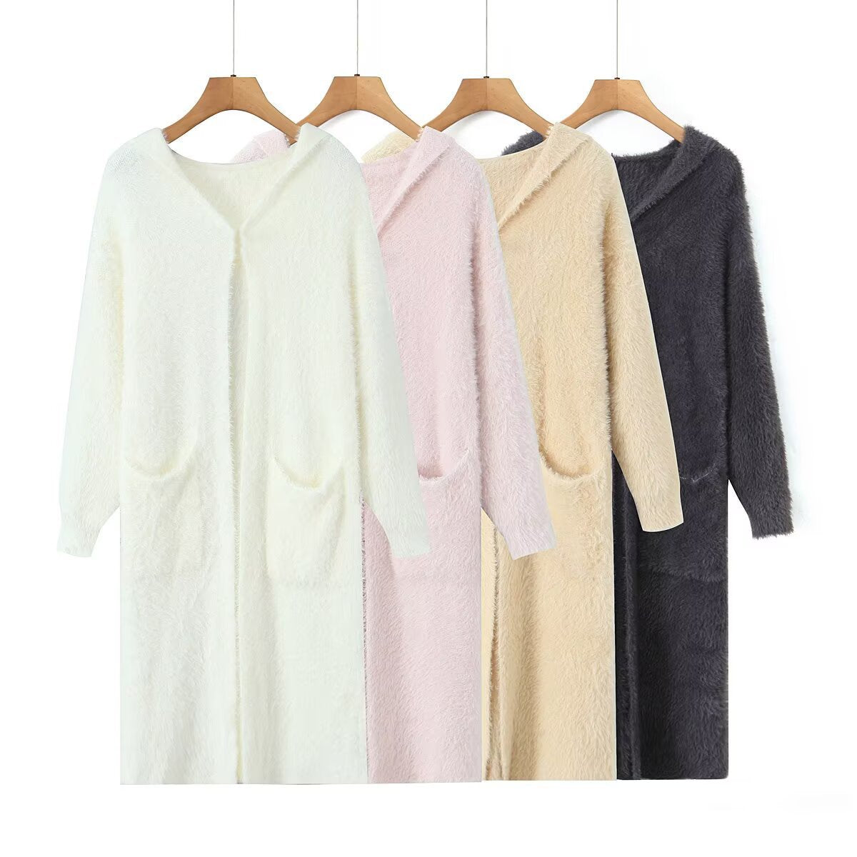 Women Longer fluffy hooded cardigan with patch pockets and open front Chichicherry