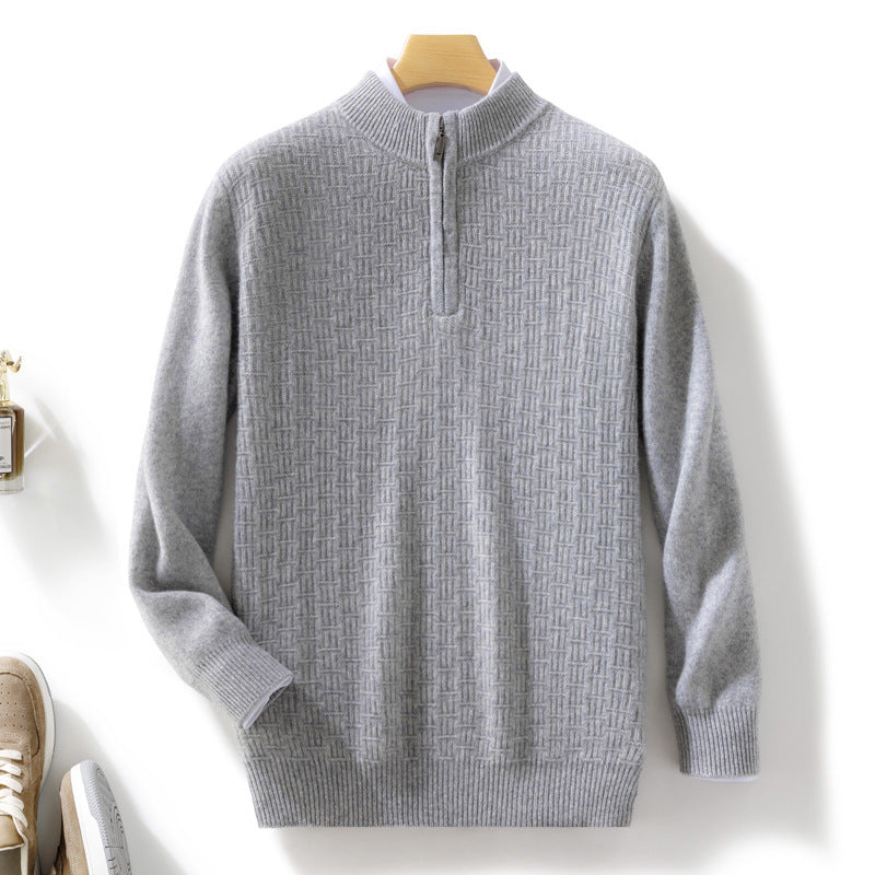 Men's Semi-high Fine Knit Sweater with Short Stand-Up Collar and Half Zipper Chichicherry