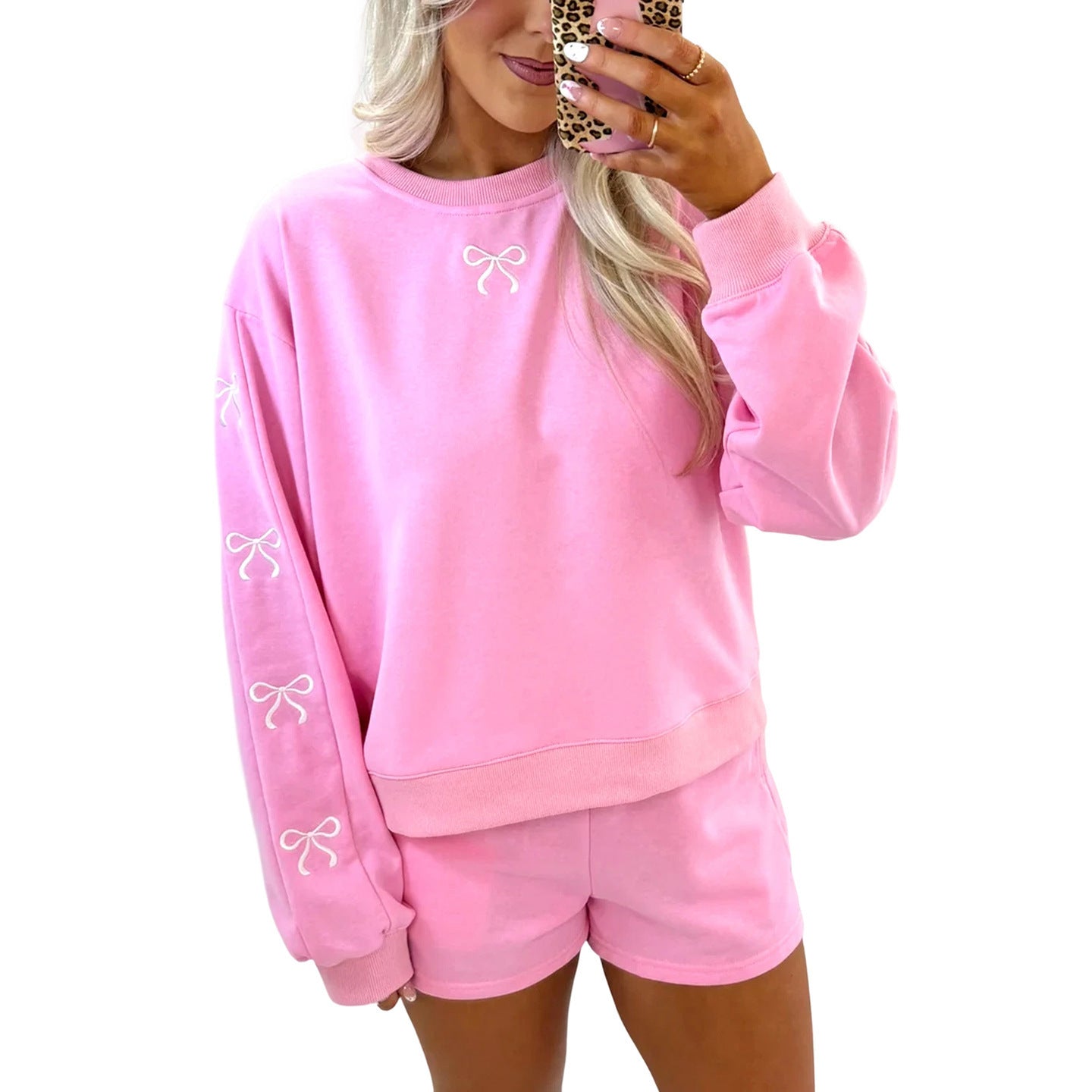 Women's cozy lounge sweat set with shorts and embroidered bows Chichicherry