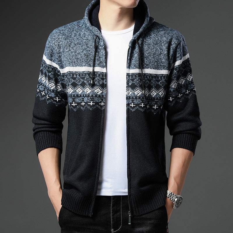 Men's Knit Zip Hoodie with Norwegian Pattern, Hood and Side Pockets Chichicherry
