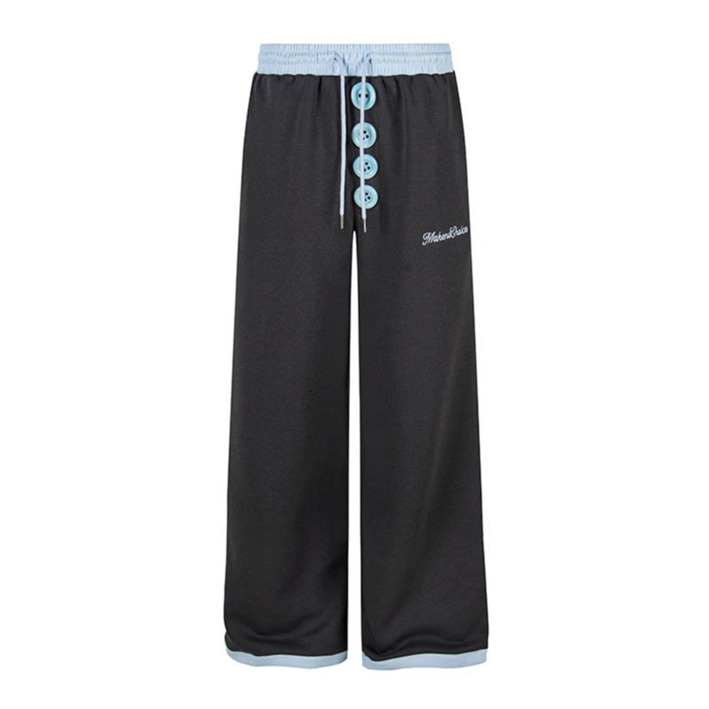 Women Wide Lounge Pants with Decorative Button Placket, High Waist and Drawstring Chichicherry