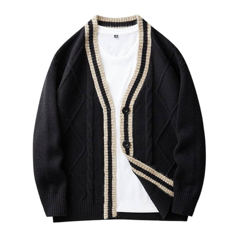 Herren Strickcardigan mit Zopfmuster, V-Ausschnitt und Kontrastkante Chichicherry