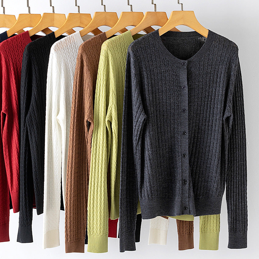 Women's Fine Knit Cardigan with Cable Pattern, Crew Neck and Button Placket Chichicherry