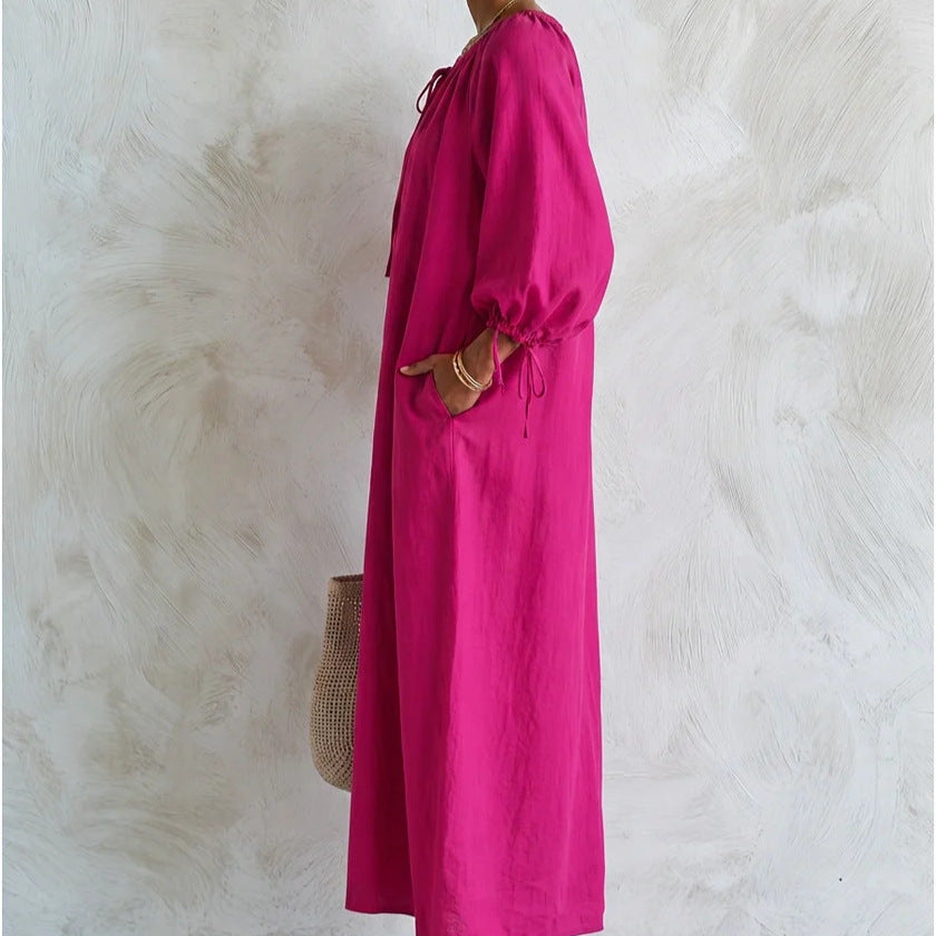 Women's maxi dress in kaftan style with gathered round neckline, balloon sleeves and side pockets Chichicherry