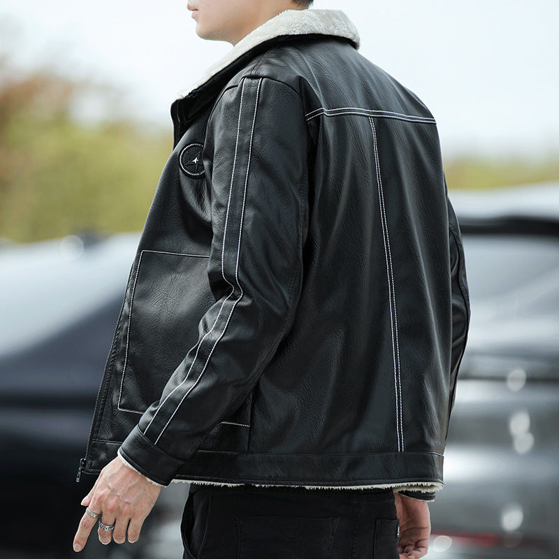 Men's Leather Look Pilot Jacket with Teddy Collar and Decorative Stitching Chichicherry