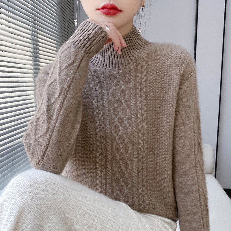 Women's Soft Cable Knit Mock Neck Sweater with Light Mohair Effect Chichicherry