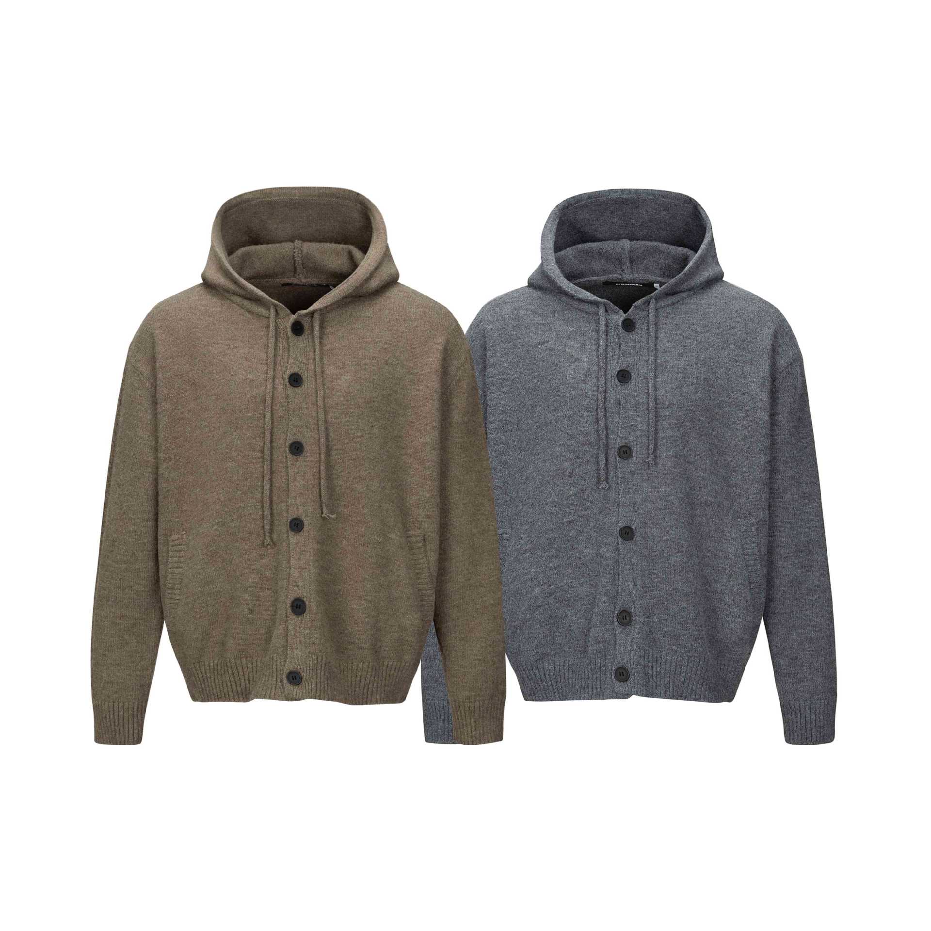 Unisex hooded cardigan with button placket, brushed knit texture and ribbed cuffs Chichicherry