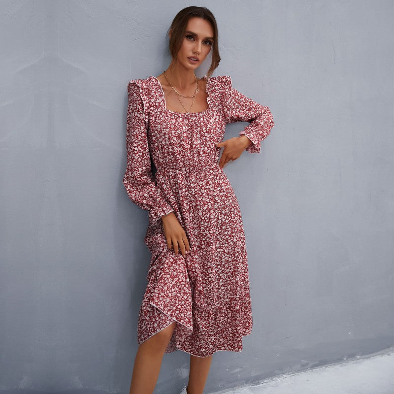 Women's midi dress in vintage style with square neckline, ruffles, and elastic waist Chichicherry