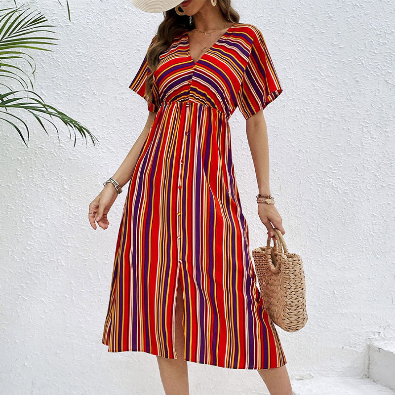 Women's Striped Midi Dress with V-Neck, Button Placket and Waist Gathered Chichicherry