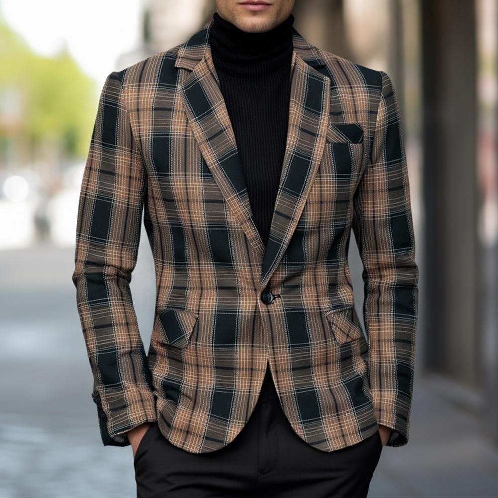 Men's Tailored Check Pattern Blazer with One Button and Shawl Collar Chichicherry